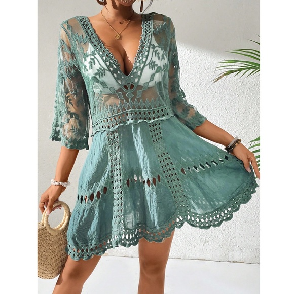 Green Boho Coverup Dress Tunic  Lace Detailed, Sheer, Mesh - Picture 2 of 8
